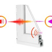 This image demonstrates the function of a noise reduction window. A pane of glass is shown, with a loud sound wave on the left side and a quieter one on the right.